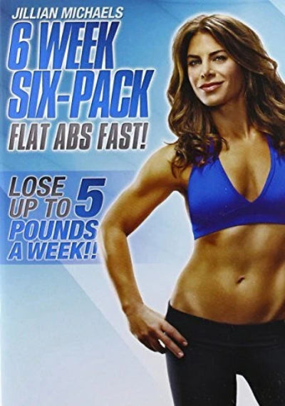 Jillian Michaels workout program book cover with a woman in a blue sports bra and black leggings on a blue and white background.