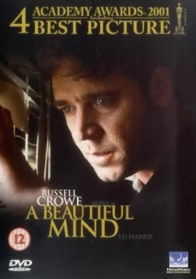 DVD cover for the film 'A Beautiful Mind' featuring Russell Crowe, with gold text reading 'Academy Awards 2001 4 Best Picture' and 'Russell Crowe A Beautiful Mind'.