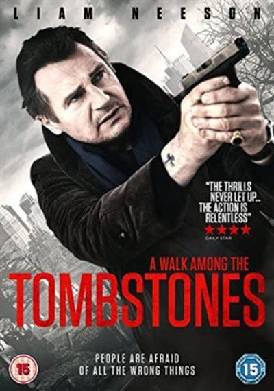 Movie poster for 'A Walk Among the Tombstones' featuring Liam Neeson holding a gun with a cityscape background.