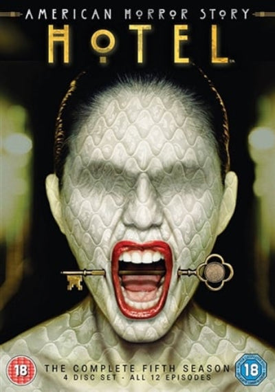 DVD cover of 'American Horror Story: Hotel' with a stylized face and key symbols.