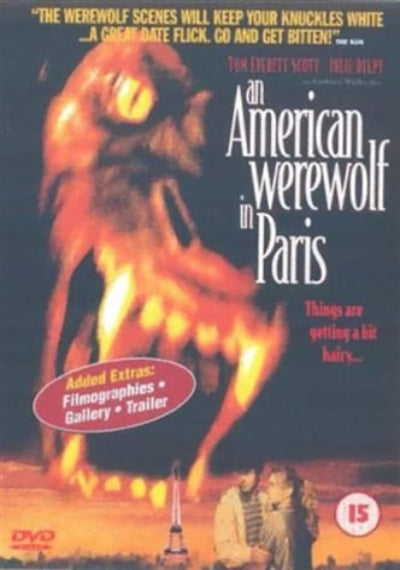DVD cover of 'An American Werewolf in Paris' with werewolf and couple scene.