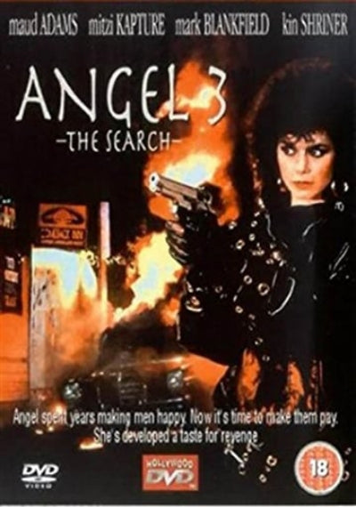 DVD cover of 'Angel 3: The Search' with a woman holding a gun and fiery background.
