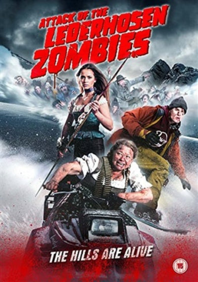 Movie poster for 'Attack of the Lederhosen Zombies' with characters on a snowy background.