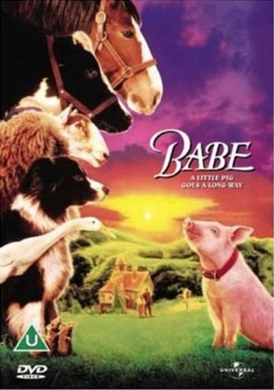 DVD cover for the film 'Babe: A Little Pig Goes a Long Way' featuring illustrated farm animals including a horse, sheep, dog, duck, and pig looking toward a sunset over green hills and a farmhouse.