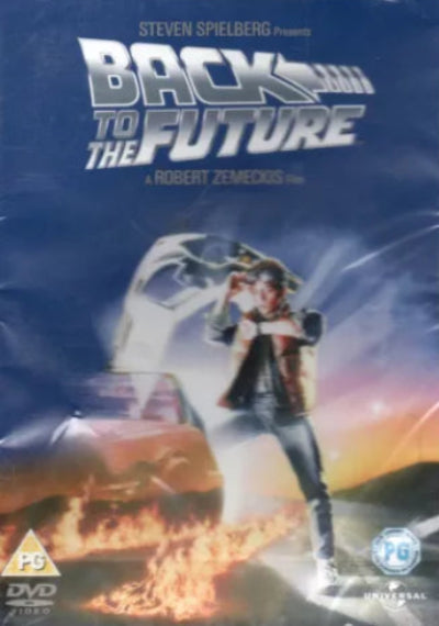 DVD cover of 'Back to the Future' with a character holding a gun and a car on fire.