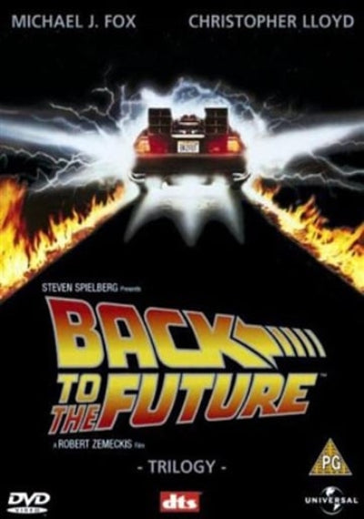 Movie poster for 'Back to the Future' with DeLorean and title text.