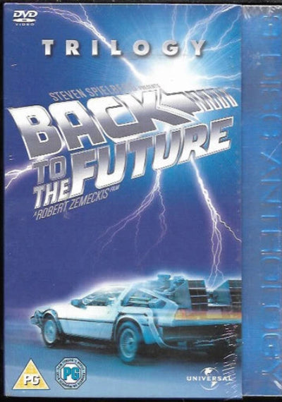 Back to the Future Trilogy DVD box set cover featuring the DeLorean time machine, lightning effects, and the title 'Back to the Future' on a blue background.