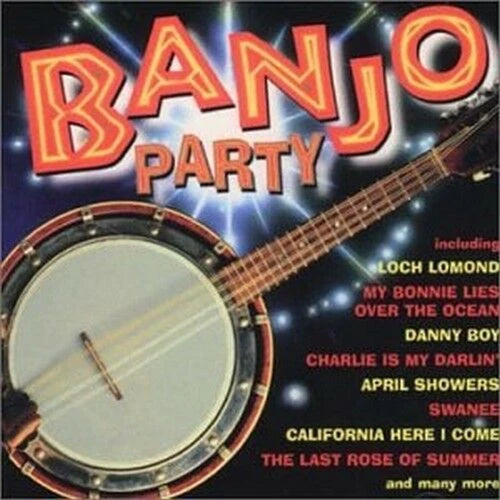 Album cover for 'Banjo Party' with a banjo and list of songs on a dark background