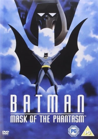 Batman movie poster with 'Mask of the Phantasm' title against a blue sky background