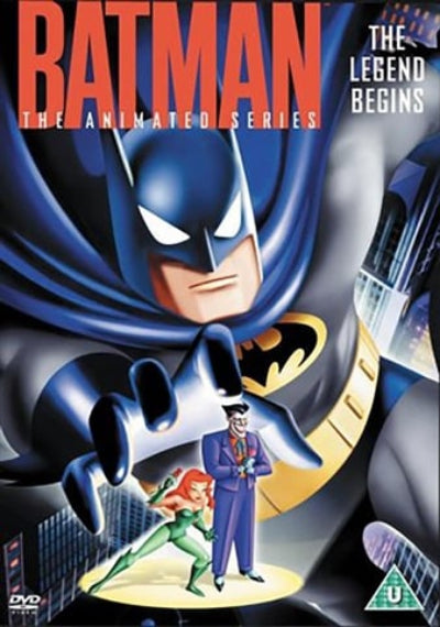 Batman: The Animated Series DVD cover art featuring Batman in a large close-up, with the title 'BATMAN THE ANIMATED SERIES' at the top, 'THE LEGEND BEGINS' on the right, and a small Robin Hood and Joker scene at the bottom.