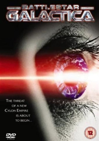 DVD cover of 'Battlestar Galactica' with a close-up of an eye and laser beam.