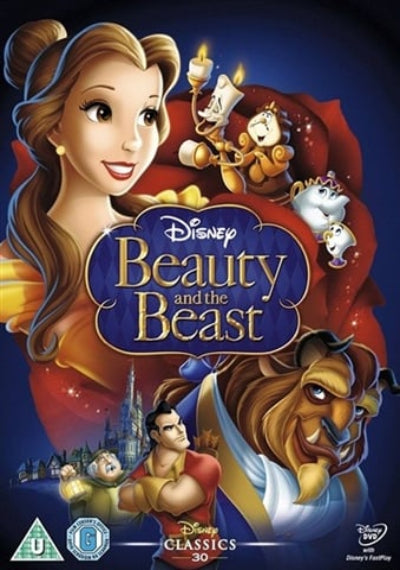 Poster of 'Beauty and the Beast' with main characters and Disney logo.