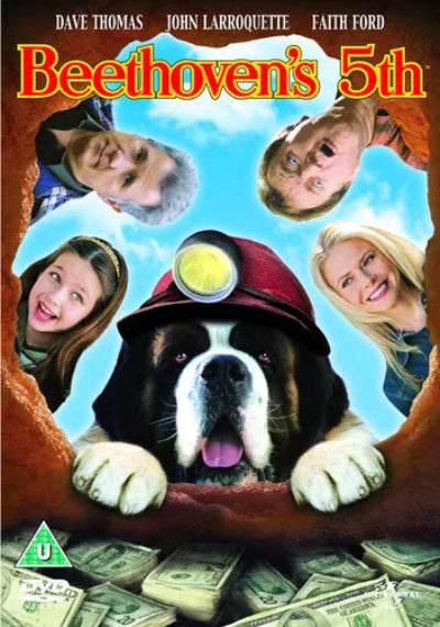 Movie poster for 'Beethoven's 5th' featuring a dog with a miner's helmet and faces of people around it.