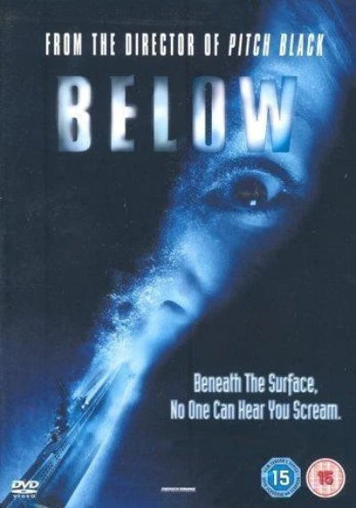 Movie poster for 'Below' with a blue tint and text about the director and theme.