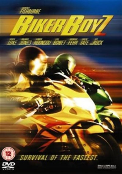 DVD cover for the movie 'Biker Boyz' featuring two motorcyclists racing on a yellow and green motorcycle against a dark blue and orange background with the tagline 'Survival of the fastest.'.