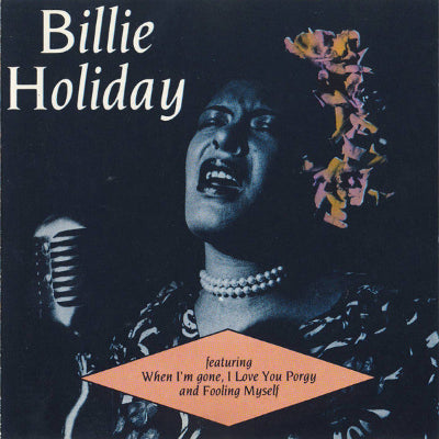 Album cover featuring Billie Holiday with a microphone, text about songs, and floral elements.