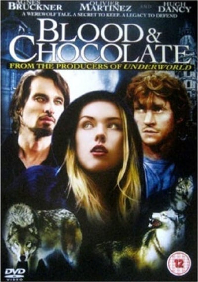 Movie poster for 'Blood & Chocolate' featuring three people and wolves.