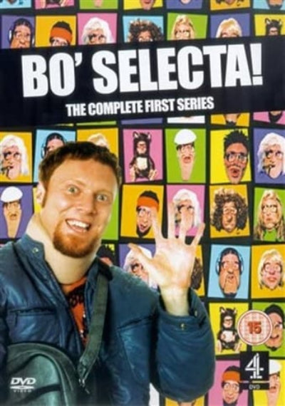 DVD cover of 'Bo' Selecta!' with a person posing in front, surrounded by colourful character portraits.