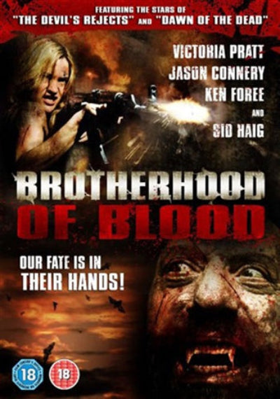 Movie poster for 'Brotherhood of Blood' featuring a woman with a gun and a close-up of a zombie face.
