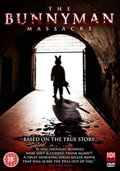 Movie poster for 'The Bunnyman Massacre' with a silhouette of a person holding a gun in a tunnel.