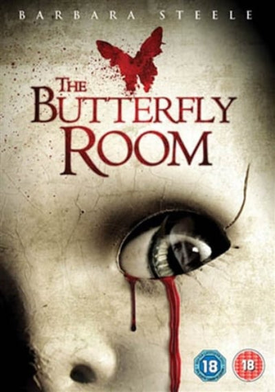 Movie poster for 'The Butterfly Room' featuring a close-up of an eye with blood and a red butterfly.