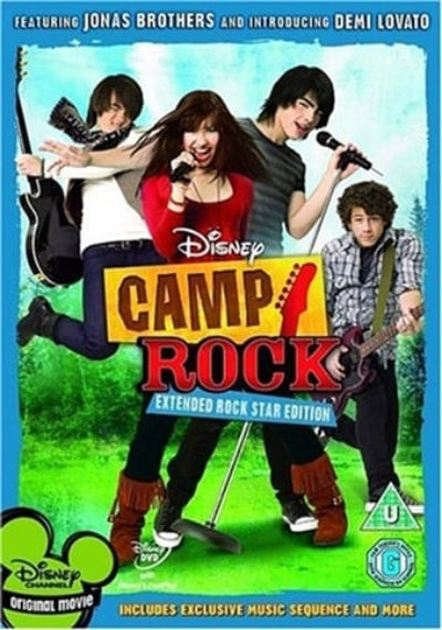 Promotional poster for 'Camp Rock' featuring Jonas Brothers and Demi Lovato, with a Disney logo.