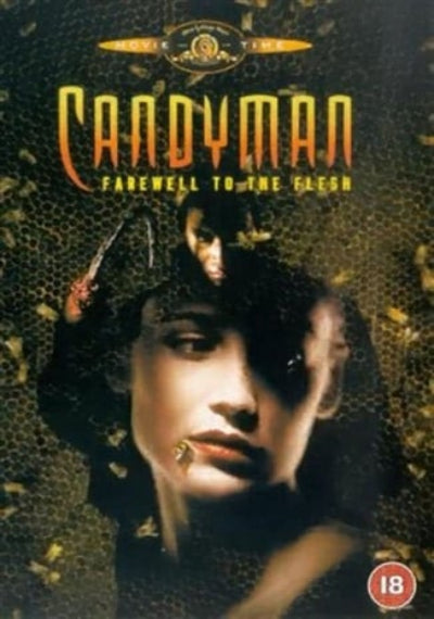 Movie poster for 'Candyman: Farewell to the Flesh' with a person holding a knife and text.