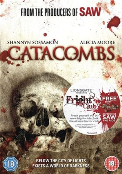 Movie poster for 'Catacombs' from the producers of 'Saw', featuring a skull and bloodstains.