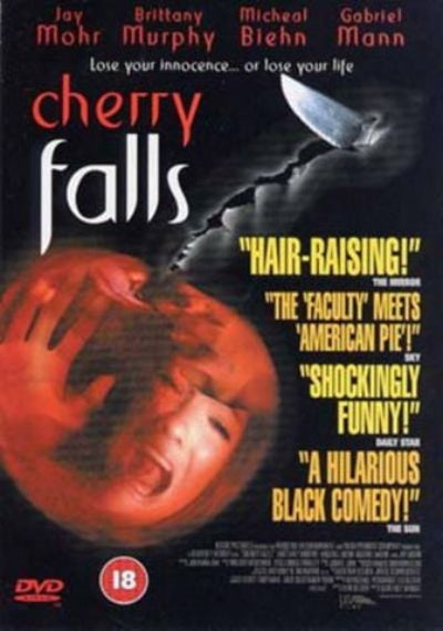 Movie poster for 'Cherry Falls' with a hand holding a red object and text about the film's rating and genre.