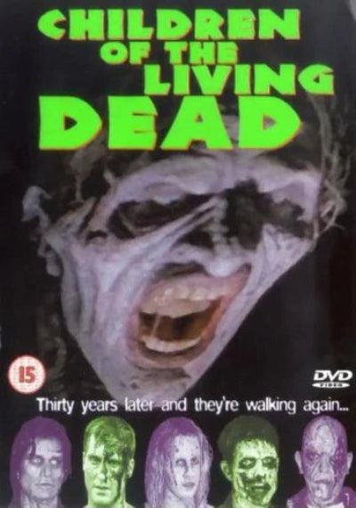 Movie poster for 'Children of the Living Dead' with a zombie face and text.