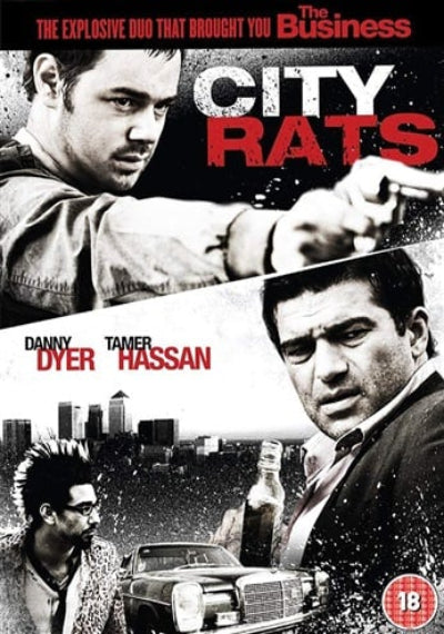 Movie poster for 'City Rats' featuring two men pointing and a cityscape background.