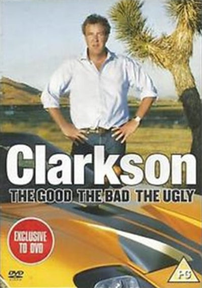 DVD cover of 'Clarkson: The Good, The Bad, The Ugly' with a person standing next to a car in a desert setting.
