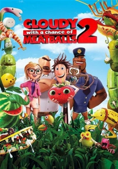 Poster for 'Cloudy with a Chance of Meatballs 2' featuring animated characters and colorful text.