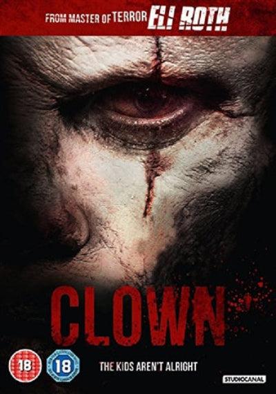 Movie poster for 'Clown' featuring a close-up of a clown's face with a dark background.