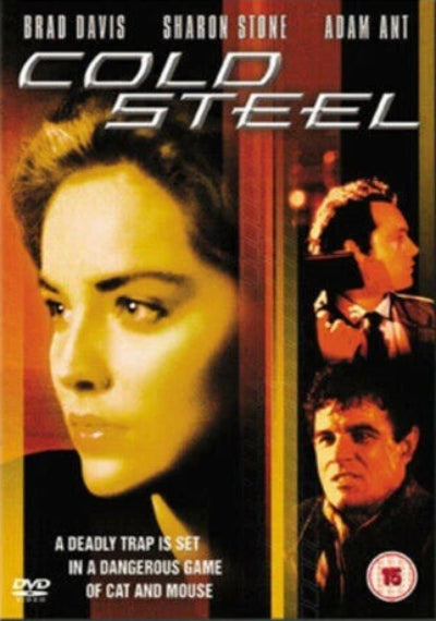 DVD cover of 'Cold Steel' featuring a woman's face and two men, with text about the movie.