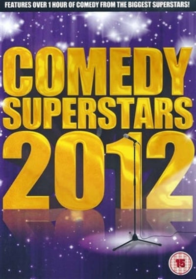 Promotional poster for 'Comedy Superstars 2012' with gold text on a purple background.