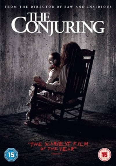 Movie poster for 'The Conjuring' featuring a woman and child on a rocking chair.