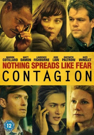 Movie poster for 'Contagion' featuring characters and the title on a yellow background.