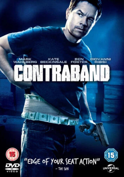 Movie poster for 'Contraband' featuring a person holding a gun with text and branding.