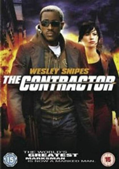 Movie poster for 'The Contractor' featuring two individuals with a fiery background.