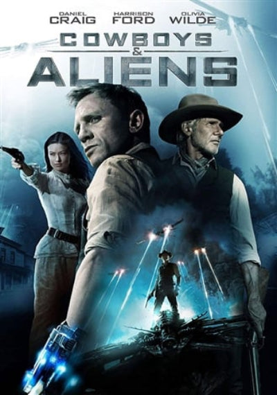 Movie poster for 'Cowboys & Aliens' featuring three characters in a Western setting with alien elements.