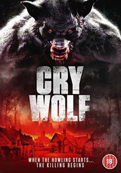 Movie poster for 'Cry Wolf' with a wolf and village scene.