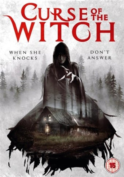 Movie poster for 'Curse of the Witch' with a hooded figure and house in the woods.
