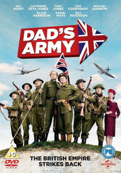 Dad's Army movie poster with soldiers and a woman in uniform against a sky background