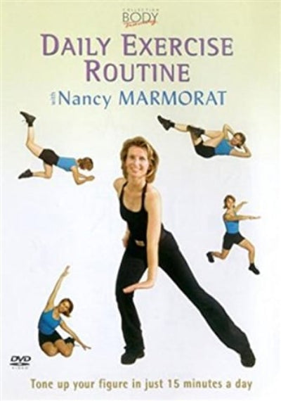 DVD cover for 'Daily Exercise Routine' with Nancy Marmorat and exercise illustrations on a white background.
