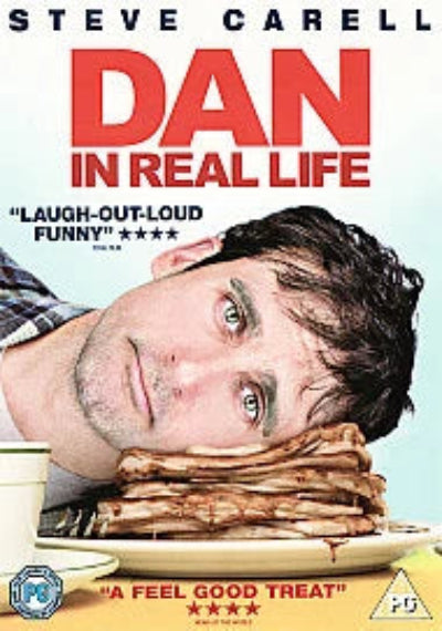 Movie poster for 'Dan in Real Life' featuring Steve Carell with a humorous expression.