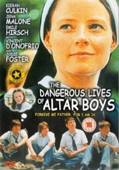 Movie poster for 'The Dangerous Lives of Altar Boys' with a young woman's face and four boys sitting on the ground.