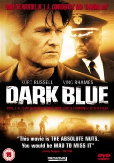 Movie poster for 'Dark Blue' featuring Kurt Russell and Ving Rhames with promotional text.