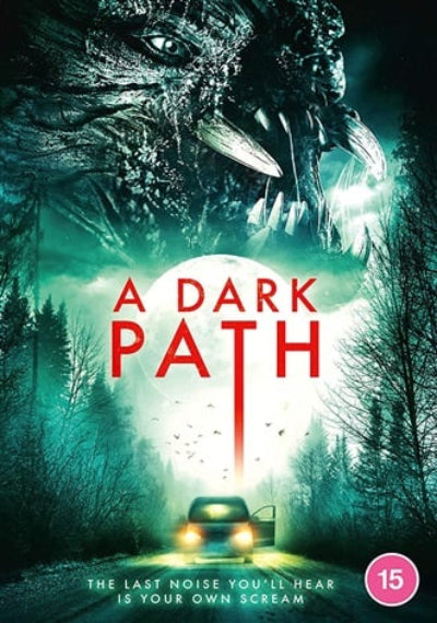 Movie poster for 'A Dark Path' with a creature and car on a forest road.