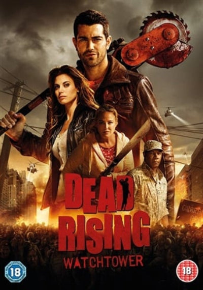Movie poster for 'Dead Rising Watchtower' featuring a group of people with weapons against apocalyptic background.